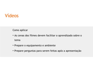 Vídeos Como aplicar As cenas dos filmes devem facilitar o aprendizado sobre o tema Prepare o equipamento e ambiente Prepare perguntas para serem feitas após a apresentação 