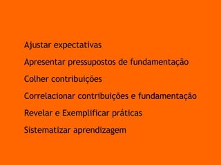 Caminho da aprendizagem  Ajustar expectativas Apresentar pressupostos de fundamentação Colher contribuições  Correlacionar contribuições e fundamentação Revelar e Exemplificar práticas Sistematizar aprendizagem 