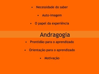 Necessidade do saber Auto-imagem O papel da experiência Prontidão para o aprendizado Orientação para o aprendizado Motivação Andragogia 