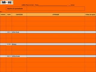 LABSSJ Plano de Aula - (Tema_________________________________________ - ___ horas) Objetivo do aprendizado   Dia 1     HORÁRIO TEMPO CONTEÚDO ATIVIDADE Folhas de apoio                                 00:15 Coffee Break                           01:00 Almoço                           00:15 Coffee-break                                   