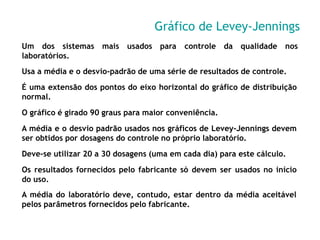 Gráfico de Levey-Jennings
Um dos sistemas mais usados
laboratórios.
para controle da qualidade nos
Usa a média e o desvio-padrão de uma série de resultados de controle.
É uma extensão dos pontos do eixo horizontal do gráfico de distribuição
normal.
O gráfico é girado 90 graus para maior conveniência.
A média e o desvio padrão usados nos gráficos de Levey-Jennings devem
ser obtidos por dosagens do controle no próprio laboratório.
Deve-se utilizar 20 a 30 dosagens (uma em cada dia) para este cálculo.
Os resultados fornecidos pelo fabricante só devem ser usados no início
do uso.
A média do laboratório deve, contudo, estar dentro da média aceitável
pelos parâmetros fornecidos pelo fabricante.
 