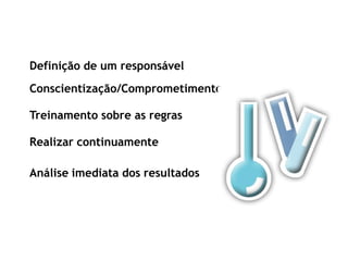 Definição de um responsável
Conscientização/Comprometimento
Treinamento sobre as regras
Realizar continuamente
Análise imediata dos resultados
 