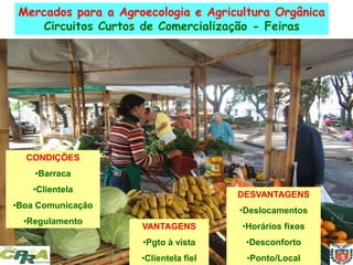 CONDIÇÕES
•Barraca
•Clientela
•Boa Comunicação
•Regulamento
DESVANTAGENS
•Deslocamentos
•Horários fixos
•Desconforto
•Ponto/Local
VANTAGENS
•Pgto à vista
•Clientela fiel
Mercados para a Agroecologia e Agricultura Orgânica
Circuitos Curtos de Comercialização - Feiras
 