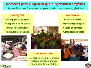 Mercados para a Agroecologia e Agricultura Orgânica
Venda direta ao Consumidor na propriedade – restaurante, gôndolas
CONDIÇÕES
•Recepção de grupos
•Respeito aos horários
•Maior infraestrutura
•(restaurante, pousada)
VANTAGENS
• Diminui custos
•Prova e degustação
• Lista de clientes
• Agregação de valor
DESVANTAGENS
•Logística finais de semana
(estacionamento, placas
banheiros, funcionários)
 