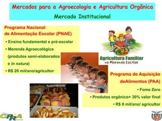 Mercados para a Agroecologia e Agricultura Orgânica
Mercado Institucional
Programa Nacional
de Alimentação Escolar (PNAE)
• Ensino fundamental e pré-escolar
• Merenda Agroecológica
(produtos semi-elaborados
e in natura)
• R$ 20 mil/ano/agricultor
Programa de Aquisição
deAlimentos (PAA)
• Fome Zero
• Produtos orgânico+ 30% valor final
• R$ 8 mil/ano/ agricultor
 