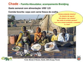 Chade - Família Aboudakar, acampamento Breidjing
Gasto semanal com alimentação: US$ 1,23
Comida favorita: sopa com carne fresca de ovelha
Fonte: Menzel, D’Aluisio, Nestle, 2005 (Hungry Planet)
Estamos produzindo alimentos?
Os alimentos são seguros?
Nós sabemos o que comemos?
Que modelo de produção queremos?
A que custos estamos produzindo e consumindo?
E a fome?
 