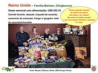 Reino Unido - Família Bainton, Clingbourne
Gasto semanal com alimentação: US$ 253,15
Comida favorita: abacate, coquetel de camarão,
sanduiche de maionese, frango c/ gergelim, bolo
de caramelo/chocolate
Fonte: Menzel, D’Aluisio, Nestle, 2005 (Hungry Planet)
Estamos produzindo alimentos?
Os alimentos são seguros?
Nós sabemos o que comemos?
Que modelo de produção queremos?
A que custos estamos produzindo e consumindo?
E a fome?
 