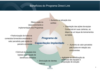 • Padronização de todos os
conteúdos fornecidos ampliando o
valor percebido pelo lojista do
parceiro comercial • Aumento do valor percebido
pelo lojista em relação aos
concorrentes
•Baixo custo no
desenvolvimento e
implementação dos Programas
• Diminuição de clientes
inativos
• Orientação das ações da equipe
Comercial em suas carteiras, ao
dispor de um leque de treinamentos
ao lojista
• Agilidade na identificação de
carências das equipes e
proposição de solução
• Estímulo às equipes dos
lojistas e percepção de
benefícios ofertados
Programa de
Capacitação Implantado
• Aumento na ativação dos
cartões
9
Benefícios do Programa Direct Link
 