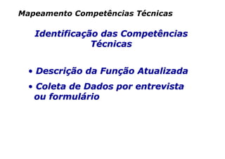Mapeamento Competências Técnicas

   Identificação das Competências
               Técnicas


  • Descrição da Função Atualizada
  • Coleta de Dados por entrevista
   ou formulário
 