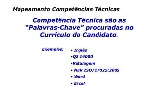 Mapeamento Competências Técnicas

     Competência Técnica são as
   “Palavras-Chave” procuradas no
       Currículo do Candidato.

        Exemplos:   • Inglês
                    •QS 14000
                    •Rotulagem
                    • NBR ISO/17025:2005
                    • Word
                    • Excel
 