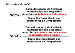 Fórmulas do NCC
               Soma dos pontos da Avaliação
                multiplicados pela respectiva
             importância de todos os indicadores
  NCCo =
                  Soma das Importância dos
                 Indicadores da Competência


                Soma dos pontos da Avaliação
                multiplicados pela respectiva
             importância somente dos indicadores
                  necessários para a função
  NCCf   =
                  Soma das Importância dos
                 Indicadores da Competência
 