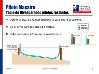 Define la altura a la que quedará la casa sobre el terreno. Da el nivel para los otros 14 pilotes. Debe sobresalir 20 cm aproximadamente. Pilote Maestro  Toma de Nivel para los pilotes restantes 