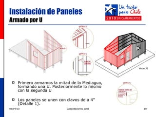 Instalación de Paneles  Armado por U Primero armamos la mitad de la Mediagua, formando una U. Posteriormente lo mismo con la segunda U Los paneles se unen con clavos de a 4” (Detalle 1). 