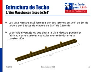 Estructura de Techo 2. Viga Maestra con tacos de 2x4” Las Viga Maestra está formada por dos listones de 1x4” de 3m de largo y por 3 tacos de madera de 2x4” de 22cm de La principal ventaja es que ahora la Viga Maestra puede ser fabricada en el suelo en cualquier momento durante la construcción. 
