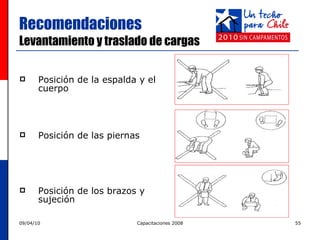 Recomendaciones  Levantamiento y traslado de cargas Posición de la espalda y el cuerpo Posición de las piernas Posición de los brazos y sujeción 