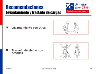 Recomendaciones  Levantamiento y traslado de cargas Levantamiento con otros Traslado de elementos pesados 