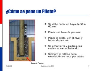 ¿Cómo se pone un Pilote? Se debe hacer un hoyo de 50 a 60 cm. Poner una base de piedras. Poner el pilote, ver el nivel y tomar distancias. Se echa tierra y piedras, las cuales se van aplastando. Siempre el relleno de la excavación se hace por capas. Base de Piedras 