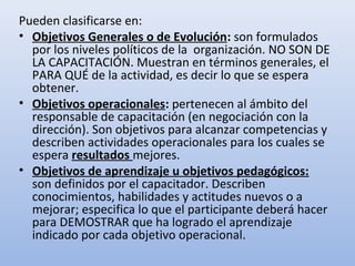 Pueden clasificarse en:
• Objetivos Generales o de Evolución: son formulados
  por los niveles políticos de la organización. NO SON DE
  LA CAPACITACIÓN. Muestran en términos generales, el
  PARA QUÉ de la actividad, es decir lo que se espera
  obtener.
• Objetivos operacionales: pertenecen al ámbito del
  responsable de capacitación (en negociación con la
  dirección). Son objetivos para alcanzar competencias y
  describen actividades operacionales para los cuales se
  espera resultados mejores.
• Objetivos de aprendizaje u objetivos pedagógicos:
  son definidos por el capacitador. Describen
  conocimientos, habilidades y actitudes nuevos o a
  mejorar; especifica lo que el participante deberá hacer
  para DEMOSTRAR que ha logrado el aprendizaje
  indicado por cada objetivo operacional.
 