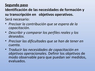 Segundo paso
Identificación de las necesidades de formación y
su transcripción en objetivos operativos.
Será necesario:
• Precisar la contribución que se espera de la
  capacitación.
• Describir y comparar los perfiles reales y los
  deseados.
• Precisar las dificultades que se han de tener en
  cuenta.
• Traducir las necesidades de capacitación en
  objetivos operacionales. Definir los objetivos de
  modo observable para que puedan ser medidos,
  evaluados.
 