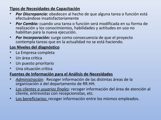 Tipos de Necesidades de Capacitación
• Por Discrepancia: obedecen al hecho de que alguna tarea o función está
   efectuándose insatisfactoriamente
• Por Cambio: cuando una tarea o función será modificada en su forma de
   realización y los conocimientos, habilidades y actitudes en uso no
   habilitan para la nueva ejecución.
• Por Incorporación: surge como consecuencia de que el proyecto
   contempla tareas que en la actualidad no se está haciendo.
Los Niveles del diagnóstico
• La Empresa completa
• Un área crítica
• Un puesto prioritario
• Una situación crítica
Fuentes de Información para el Análisis de Necesidades
• Administración: Recoger información de las distintas áreas de la
   organización o del departamento de RR.HH.
• Los clientes o usuarios finales: recoger información del área de atención al
   cliente, entrevistas con recepcionistas, etc.
• Los beneficiarios: recoger información entre los mismos empleados.
 