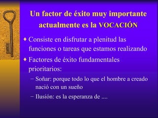 Un factor de éxito muy importante actualmente es la  VOCACIÓN Consiste en disfrutar a plenitud las funciones o tareas que estamos realizando Factores de éxito fundamentales prioritarios: Soñar: porque todo lo que el hombre a creado nació con un sueño Ilusión: es la esperanza de .... 