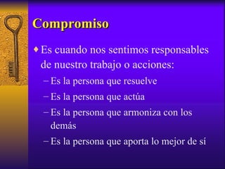 Compromiso Es cuando nos sentimos responsables de nuestro trabajo o acciones: Es la persona que resuelve Es la persona que actúa Es la persona que armoniza con los demás Es la persona que aporta lo mejor de sí 