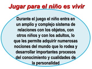 Jugar para el niño es vivir
  Durante el juego el niño entra en
  un amplio y complejo sistema de
   relaciones con los objetos, con
  otros niños y con los adultos, lo
 que les permite adquirir numerosas
 nociones del mundo que lo rodea y
  desarrollar importantes procesos
  del conocimiento y cualidades de
           la personalidad
 