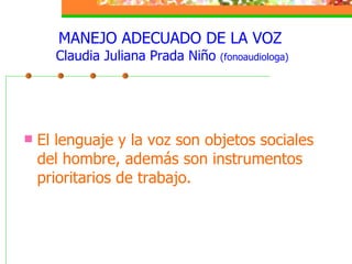 MANEJO ADECUADO DE LA VOZ  Claudia Juliana Prada Niño  (fonoaudiologa) ,[object Object]