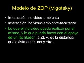 Modelo de ZDP (Vigotsky)
• Interacción individuo-ambiente
• Interacción individuo-ambiente-facilitador
• Lo que el individuo pueda realizar por sí
mismo, y lo que pueda hacer con el apoyo
de un facilitador, la ZDP, es la distancia
que exista entre uno y otro.
 