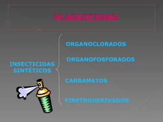 ORGANOCLORADOS

               ORGANOFOSFORADOS
INSECTICIDAS
 SINTÉTICOS
               CARBAMATOS


               PIRETRODERIVADOS
 