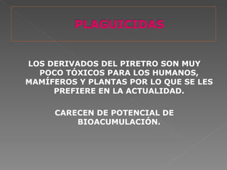 LOS DERIVADOS DEL PIRETRO SON MUY
  POCO TÓXICOS PARA LOS HUMANOS,
MAMÍFEROS Y PLANTAS POR LO QUE SE LES
     PREFIERE EN LA ACTUALIDAD.

     CARECEN DE POTENCIAL DE
         BIOACUMULACIÓN.
 