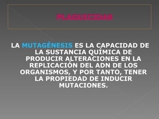 LA MUTAGÉNESIS ES LA CAPACIDAD DE
      LA SUSTANCIA QUÍMICA DE
    PRODUCIR ALTERACIONES EN LA
     REPLICACIÓN DEL ADN DE LOS
  ORGANISMOS, Y POR TANTO, TENER
      LA PROPIEDAD DE INDUCIR
            MUTACIONES.
 