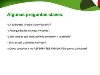 Algunas preguntas claves:
-¿A quién esta dirigida la convocatoria?
-¿Para qué los/las estamos invitando?
-¿Son familias que habitualmente concurren a la escuela?
- Si no es así, ¿cómo las convoco?
-¿Cómo convocar a los REFERENTES FAMILIARES que no participan?
 
