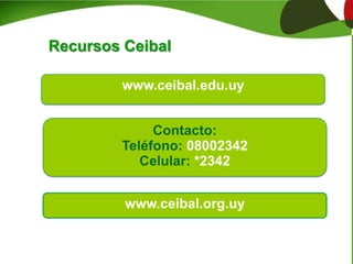Recursos Ceibal
www.ceibal.edu.uy
www.ceibal.org.uy
Contacto:
Teléfono: 08002342
Celular: *2342
 