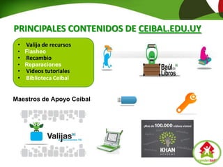 Maestros de Apoyo Ceibal
• Valija de recursos
• Flasheo
• Recambio
• Reparaciones
• Videos tutoriales
• Biblioteca Ceibal
PRINCIPALES CONTENIDOS DE CEIBAL.EDU.UY
 
