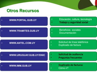 Otros Recursos
• WWW.PORTAL.GUB.UY
• WWW.TRAMITES.GUB.UY
• WWW.ANTEL.COM.UY
• WWW.URUGUAY.GUB.UY/DNIC
• WWW.IMM.GUB.UY
• Educación, cultura, tecnología
• Trabajo y seguridad social
• Beneficios sociales
• Documentación
• Solicitud de línea telefónica
• Duplicado de factura
• Solicitud de audiencia
• Preguntas frecuentes
• Duplicado de facturas
• Cómo ir?
 