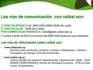 Las vías de comunicación con ceibal son:
(*) POR TELÉFONO FIJO: 0800 2342 (0800 CEIB) Sin costo
(*) POR CELULAR: *2342 (Sin costo)
POR CORREO ELECTRÓNICO A: ceibal@plan.ceibal.edu.uy
(*) existe a partir de 2012 un servicio del 0800 2342 exclusivo para docentes
Las vías de información sobre ceibal son:
• www.ceibal.edu.uy:
Escritorio para estudiantes, docentes y familias // Desbloqueos, Flasheos,
Cronograma de entrega, Consultas Frecuentes.
• www.ceibal.org.uy
Centros oficiales de reparación departamental: Calendario del Ceibal Móvil
NODOS TERRITORIALES: Centros de Tecnología Educativa (CTE) en todo
el país. (Capacitación)
 