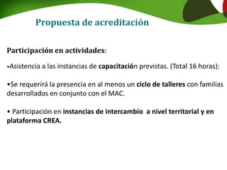 Propuesta de acreditación
Participación en actividades:
•Asistencia a las instancias de capacitación previstas. (Total 16 horas):
•Se requerirá la presencia en al menos un ciclo de talleres con familias
desarrollados en conjunto con el MAC.
• Participación en instancias de intercambio a nivel territorial y en
plataforma CREA.
 