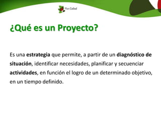 ¿Qué es un Proyecto?
Es una estrategia que permite, a partir de un diagnóstico de
situación, identificar necesidades, planificar y secuenciar
actividades, en función el logro de un determinado objetivo,
en un tiempo definido.
 