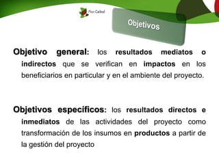 Objetivo general: los resultados mediatos o
indirectos que se verifican en impactos en los
beneficiarios en particular y en el ambiente del proyecto.
Objetivos específicos: los resultados directos e
inmediatos de las actividades del proyecto como
transformación de los insumos en productos a partir de
la gestión del proyecto
 