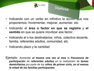 • Indicando con un verbo en infinitivo la acción que nos
proponemos: Incrementar, mejorar, aumentar, etc
• Indicando el área o factor en que se registra y el
sentido en que se quiere movilizar ese factor.
• Indicando el o los destinatarios: niños, colectivo docente,
familia, referentes adultos, comunidad, etc
• Indicando plazo y la cantidad
Ejemplo: Aumentar al menos una vez al mes la frecuencia de
participación de referentes adultos en la realización de tareas
domiciliarias por parte de los niños de primer ciclo, en al menos
la mitad de las familias participantes
 