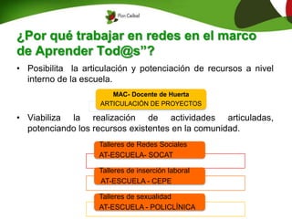 ¿Por qué trabajar en redes en el marco
de Aprender Tod@s”?
• Posibilita la articulación y potenciación de recursos a nivel
interno de la escuela.
• Viabiliza la realización de actividades articuladas,
potenciando los recursos existentes en la comunidad.
Talleres de Redes Sociales
AT-ESCUELA- SOCAT
Talleres de inserción laboral
AT-ESCUELA - CEPE
Talleres de sexualidad
AT-ESCUELA - POLICLÍNICA
MAC- Docente de Huerta
ARTICULACIÓN DE PROYECTOS
 