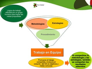 Lógica de trabajo
utilizada por un grupo
humano para lograr las
metas propuestas
Trabajo en Equipo
Procedimiento
Metodologías Estrategias
Promueve el trabajo
compartido, involucra al
conjunto del CE en objetivos y
metas comunes
Al compartirse la
metodología y las
estrategias, también
se comparten los
resultados
obtenidos
 