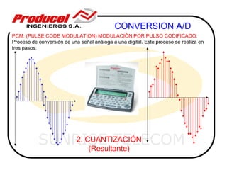CONVERSION A/D
PCM: (PULSE CODE MODULATION) MODULACIÓN POR PULSO CODIFICADO:
Proceso de conversión de una señal análoga a una digital. Este proceso se realiza en
tres pasos:




           SUNRISE TELECOM
               2. CUANTIZACIÓN
                   (Resultante)
 