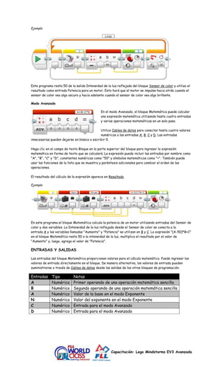 Capacitación: Lego Mindstorms EV3 Avanzada 
Ejemplo 
Este programa resta 50 de la salida Intensidad de la luz reflejada del bloque Sensor de color y utiliza el 
resultado como entrada Potencia para un motor. Esto hará que el motor se impulse hacia atrás cuando el 
sensor de color vea algo oscuro y hacia adelante cuando el sensor de color vea algo brillante. 
Modo Avanzado 
En el modo Avanzado, el bloque Matemática puede calcular 
una expresión matemática utilizando hasta cuatro entradas 
y varias operaciones matemáticas en un solo paso. 
Utilice Cables de datos para conectar hasta cuatro valores 
numéricos a las entradas A, B, C y D. Las entradas 
innecesarias pueden dejarse en blanco o escribir 0. 
Haga clic en el campo de texto Bloque en la parte superior del bloque para ingresar la expresión 
matemática en forma de texto que se calculará. La expresión puede incluir las entradas por nombre como 
"A", "B", "C" y "D", constantes numéricas como "50" y símbolos matemáticos como "+". También puede 
usar las funciones de la lista que se muestra y paréntesis adicionales para cambiar el orden de las 
operaciones. 
El resultado del cálculo de la expresión aparece en Resultado. 
Ejemplo 
En este programa el bloque Matemática calcula la potencia de un motor utilizando entradas del Sensor de 
color y dos variables. La Intensidad de la luz reflejada desde el Sensor de color se conecta a la 
entrada A y las variables llamadas "Aumento" y "Potencia" se utilizan en B y C. La expresión "(A-50)*B+C" 
en el bloque Matemática resta 50 a la intensidad de la luz, multiplica el resultado por el valor de 
"Aumento" y, luego, agrega el valor de "Potencia". 
ENTRADAS Y SALIDAS 
Las entradas del bloque Matemática proporcionan valores para el cálculo matemático. Puede ingresar los 
valores de entrada directamente en el bloque. De manera alternativa, los valores de entrada pueden 
suministrarse a través de Cables de datos desde las salidas de los otros bloques de programación. 
Entradas Tipo Notas 
A Numérico Primer operando de una operación matemática sencilla 
B Numérico Segundo operando de una operación matemática sencilla 
A Numérico Valor de la base en el modo Exponente 
N Numérico Valor del exponente en el modo Exponente 
C Numérico Entrada para el modo Avanzado 
D Numérico Entrada para el modo Avanzado 
 