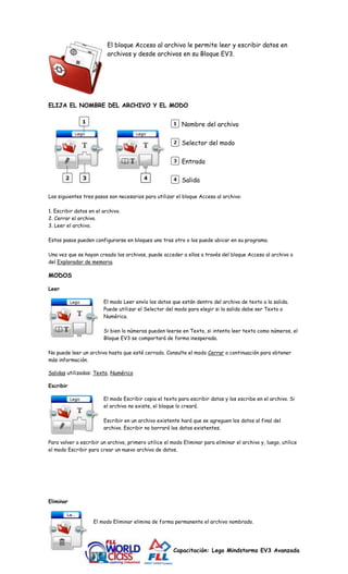 El bloque Acceso al archivo le permite leer y escribir datos en 
archivos y desde archivos en su Bloque EV3. 
ELIJA EL NOMBRE DEL ARCHIVO Y EL MODO 
Nombre del archivo 
Selector del modo 
Entrada 
Salida 
Los siguientes tres pasos son necesarios para utilizar el bloque Acceso al archivo: 
Capacitación: Lego Mindstorms EV3 Avanzada 
1. Escribir datos en el archivo. 
2. Cerrar el archivo. 
3. Leer el archivo. 
Estos pasos pueden configurarse en bloques uno tras otro o los puede ubicar en su programa. 
Una vez que se hayan creado los archivos, puede acceder a ellos a través del bloque Acceso al archivo o 
del Explorador de memoria. 
MODOS 
Leer 
El modo Leer envía los datos que están dentro del archivo de texto a la salida. 
Puede utilizar el Selector del modo para elegir si la salida debe ser Texto o 
Numérica. 
Si bien lo números pueden leerse en Texto, si intenta leer texto como números, el 
Bloque EV3 se comportará de forma inesperada. 
No puede leer un archivo hasta que esté cerrado. Consulte el modo Cerrar a continuación para obtener 
más información. 
Salidas utilizadas: Texto, Numérico 
Escribir 
El modo Escribir copia el texto para escribir datos y los escribe en el archivo. Si 
el archivo no existe, el bloque lo creará. 
Escribir en un archivo existente hará que se agreguen los datos al final del 
archivo. Escribir no borrará los datos existentes. 
Para volver a escribir un archivo, primero utilice el modo Eliminar para eliminar el archivo y, luego, utilice 
el modo Escribir para crear un nuevo archivo de datos. 
Eliminar 
El modo Eliminar elimina de forma permanente el archivo nombrado. 
 
