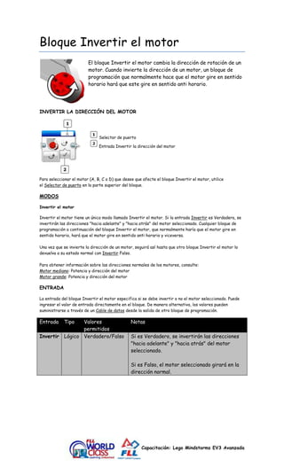 Bloque Invertir el motor 
El bloque Invertir el motor cambia la dirección de rotación de un 
motor. Cuando invierte la dirección de un motor, un bloque de 
programación que normalmente hace que el motor gire en sentido 
horario hará que este gire en sentido anti horario. 
Capacitación: Lego Mindstorms EV3 Avanzada 
INVERTIR LA DIRECCIÓN DEL MOTOR 
Selector de puerto 
Entrada Invertir la dirección del motor 
Para seleccionar el motor (A, B, C o D) que desee que afecte el bloque Invertir el motor, utilice 
el Selector de puerto en la parte superior del bloque. 
MODOS 
Invertir el motor 
Invertir el motor tiene un único modo llamado Invertir el motor. Si la entrada Invertir es Verdadera, se 
invertirán las direcciones "hacia adelante" y "hacia atrás" del motor seleccionado. Cualquier bloque de 
programación a continuación del bloque Invertir el motor, que normalmente haría que el motor gire en 
sentido horario, hará que el motor gire en sentido anti horario y viceversa. 
Una vez que se invierte la dirección de un motor, seguirá así hasta que otro bloque Invertir el motor lo 
devuelva a su estado normal con Invertir Falso. 
Para obtener información sobre las direcciones normales de los motores, consulte: 
Motor mediano: Potencia y dirección del motor 
Motor grande: Potencia y dirección del motor 
ENTRADA 
La entrada del bloque Invertir el motor especifica si se debe invertir o no el motor seleccionado. Puede 
ingresar el valor de entrada directamente en el bloque. De manera alternativa, los valores pueden 
suministrarse a través de un Cable de datos desde la salida de otro bloque de programación. 
Entrada Tipo Valores 
permitidos 
Notas 
Invertir Lógico Verdadero/Falso Si es Verdadero, se invertirán las direcciones 
"hacia adelante" y "hacia atrás" del motor 
seleccionado. 
Si es Falso, el motor seleccionado girará en la 
dirección normal. 
 