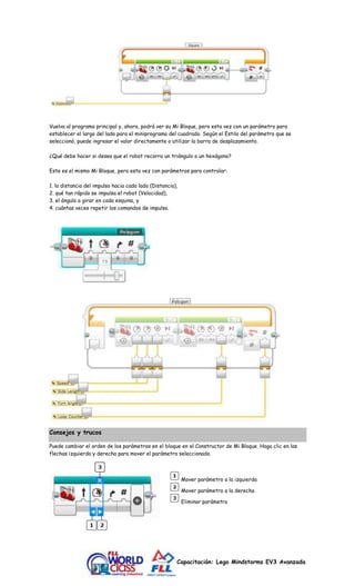 Vuelva al programa principal y, ahora, podrá ver su Mi Bloque, pero esta vez con un parámetro para 
establecer el largo del lado para el miniprograma del cuadrado. Según el Estilo del parámetro que se 
seleccionó, puede ingresar el valor directamente o utilizar la barra de desplazamiento. 
¿Qué debe hacer si desea que el robot recorra un triángulo o un hexágono? 
Este es el mismo Mi Bloque, pero esta vez con parámetros para controlar: 
1. la distancia del impulso hacia cada lado (Distancia), 
2. qué tan rápido se impulsa el robot (Velocidad), 
3. el ángulo a girar en cada esquina, y 
4. cuántas veces repetir los comandos de impulso. 
Capacitación: Lego Mindstorms EV3 Avanzada 
Consejos y trucos 
Puede cambiar el orden de los parámetros en el bloque en el Constructor de Mi Bloque. Haga clic en las 
flechas izquierda y derecha para mover el parámetro seleccionado. 
Mover parámetro a la izquierda 
Mover parámetro a la derecha 
Eliminar parámetro 
