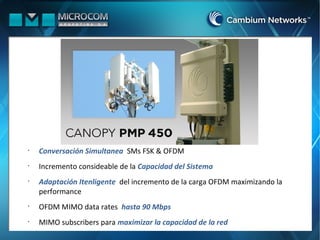 •
Conversación Simultanea SMs FSK & OFDM
•
Incremento consideable de la Capacidad del Sistema
•
Adaptación Itenligente del incremento de la carga OFDM maximizando la
performance
•
OFDM MIMO data rates hasta 90 Mbps
•
MIMO subscribers para maximizar la capacidad de la red
 