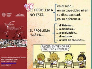 Dirección General de Educación Inclusiva
Avda. Eusebio Ayala Km 4 ½
Telefax: (595 21) 527181/2
dgeinclusiva@gmail.com
www.mec.gov.py
en el niño…
en su capacidad ni en
su discapacidad…
en su diferencia…
…el Sistema…
…la didáctica…
…la evaluación…
…el entorno…
…la falta de recursos …
EL PROBLEMA
NO ESTÁ…
EL PROBLEMA
ESTÁ EN…
 